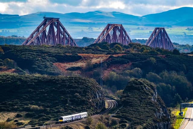 A Vivarail battery train on the Fife Circle line near the Forth Bridge, where overhead electric wires cannot be installed because of height restrictions. Picture: Network Rail