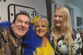 Craig and Debbie on set with Reality tv granny Jane Buckle