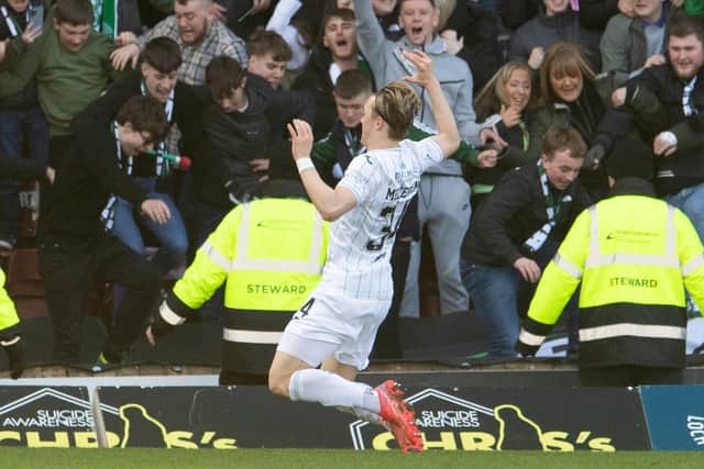 Elias Melkersen celebrates after scoring to make it 2-0 to Hibs during their Scottish Cup quarter-final win over Motherwell. Picture: SNS