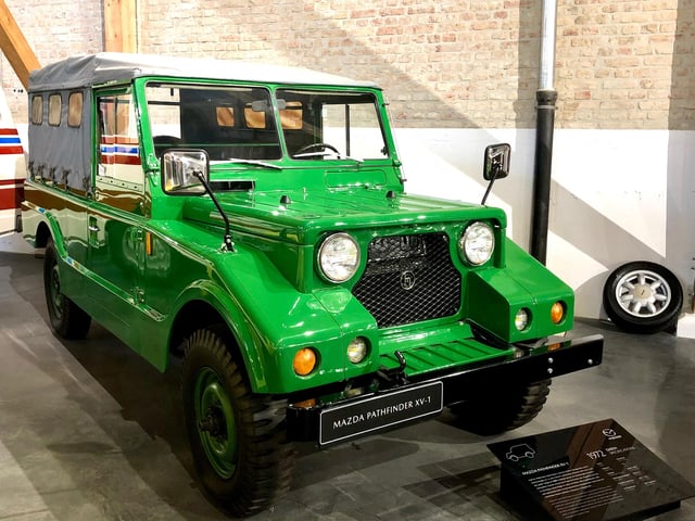 Built in Myanmar — formerly Burma — a small number of Pathfinders, a traditionally-constructed off-road vehicle, were created by Mazda. The 4x4, with a convertible soft-top or an enclosed nine-seat wagon, was mostly bought by the police, military and government agencies. This Pathfinder XV-1 was one of the most difficult of the models for the Freys to find for the museum.