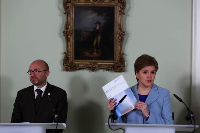 Scottish Government minister and Scottish Green Party co-leader Patrick Harvie (left) and First Minister Nicola Sturgeon speaking at a press conference in Bute House in Edinburgh at the launch of new paper on Scottish independence. Picture: Russell Cheyne/PA Wire