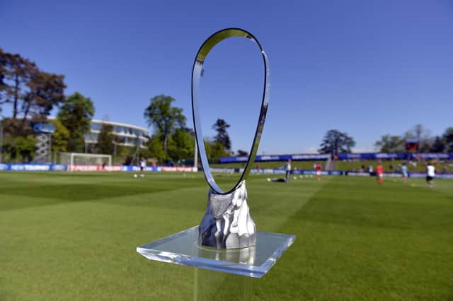 The Lennart Johansson trophy, awarded to the victors of the UEFA Youth League, seen at the Colovray Stadium in Nyon, Switzerland