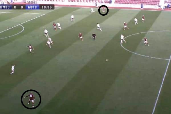Hearts don't get much joy through their full-backs against Ayr with them both being tracked by the winger. Picture: Wyscout