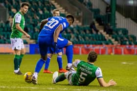 Rangers' Alfredo Morelos appears to stamp on Hibernian's Ryan Porteous during their latest head to head at Easter Road. Photo by Craig Williamson / SNS Group