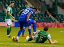 Rangers' Alfredo Morelos appears to stamp on Hibernian's Ryan Porteous during their latest head to head at Easter Road. Photo by Craig Williamson / SNS Group