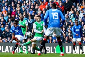 Rabbi Matondo fires home Rangers' third goal in the victory over Hibs.
