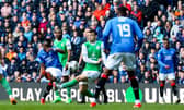 Rabbi Matondo fires home Rangers' third goal in the victory over Hibs.