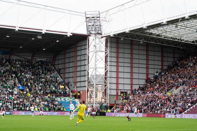 Hearts and Hibs fans in attendance at Tynecastle during the last Edinburgh derby between the two sides. Both could be challenging for a place in Europe next season. Picture: SNS