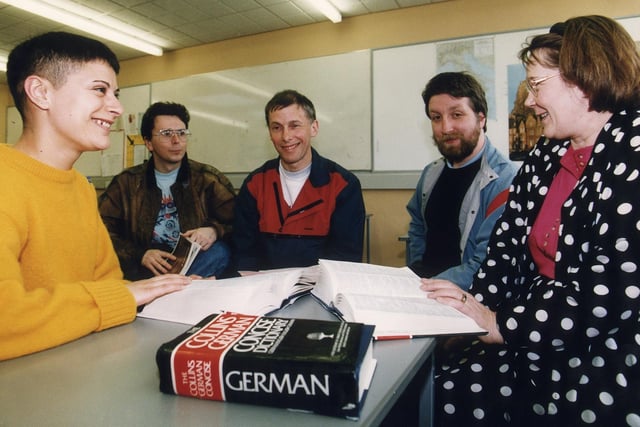 Adult pupils at Stevenson College, Edinburgh preparing for their German Higher exam in April, 1998.