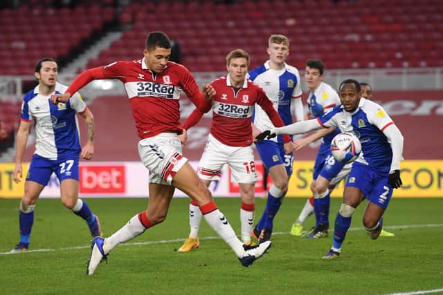 Nathan Wood hits the post with a shot during a Championship match between Middlesbrough and Blackburn Rovers