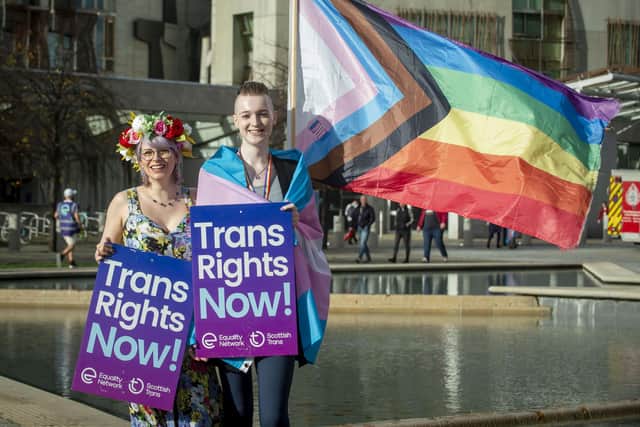 Campaigners backing the Gender Recognition Reform Bill outside the Scottish Parliament