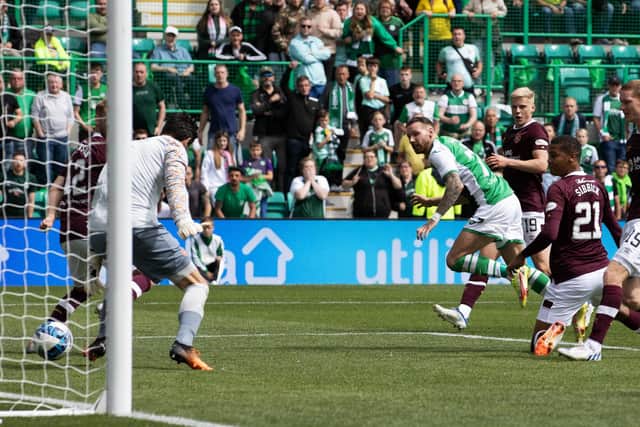 Toby Sibbick (No.21) is powerless to stop Martin Boyle from equalising for Hibs at the end of Sunday's Edinburgh derby. Picture: SNS