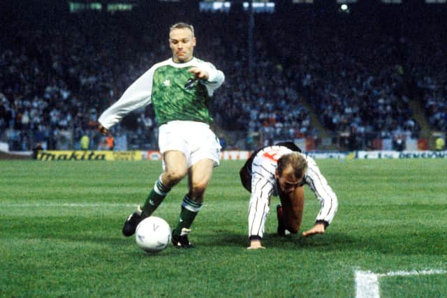 Hibs' Mickey Weir (left) is brought down by Ray Sharp and wins a penalty in the 1991 Skol Cup final win over Dunfermline