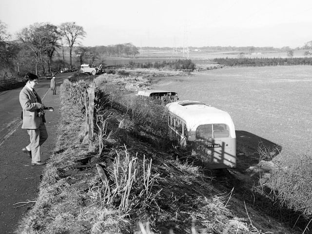 The aftermath of a bus accident at Currie when a single decker plunged down a 20 foot drop in 1962.