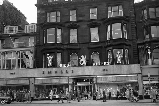 Smalls - Princes Street  Edinburgh - Royal wedding best wishes sign above store, 1960.