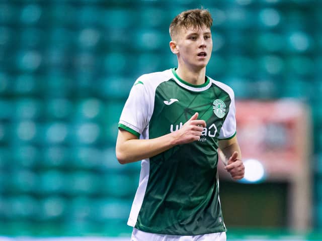 Ethan Laidlaw in action for Hibs in the UEFA Youth League meeting with Borussia Dortmund. Picture: Ewan Bootman / SNS Group