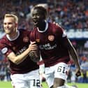 Garang Kuol celebrates after scoring his only goal for Hearts against Rangers at Ibrox. Picture: SNS
