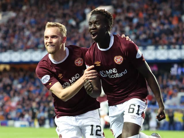 Garang Kuol celebrates after scoring his only goal for Hearts against Rangers at Ibrox. Picture: SNS