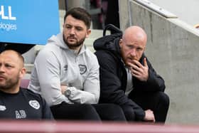 Liam Boyce sits beside Hearts team-mate Craig Halkett at Tynecastle as they recover from injury. Pic: SNS