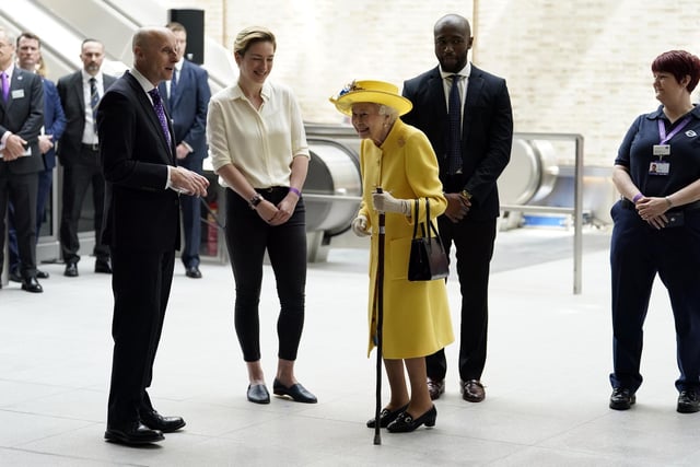 Queen Elizabeth II  at Paddington station in London, to mark the completion of London's Crossrail project.