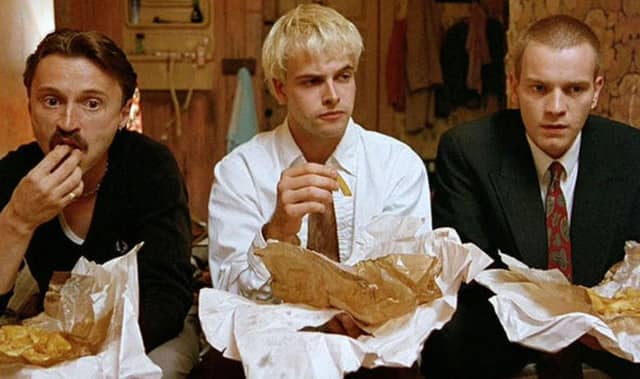 Left to right: Robert Carlyle as Begbie. Jonny Lee Miller as Sick Boy, and Ewan McGregor as Renton.
