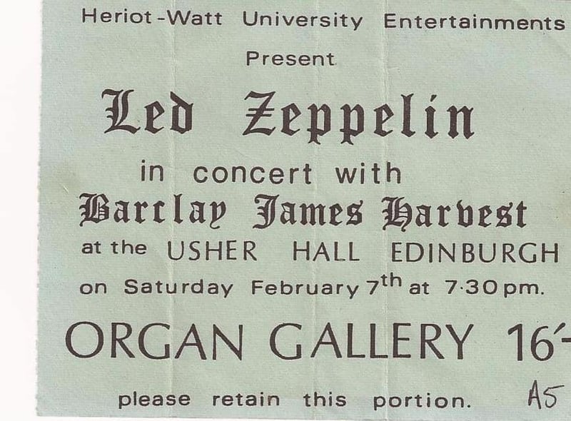 David Bell sent in this ticket stub from a Led Zeppelin gig at the Usher Hall in the 1970s, organised by Heriot Watt University.