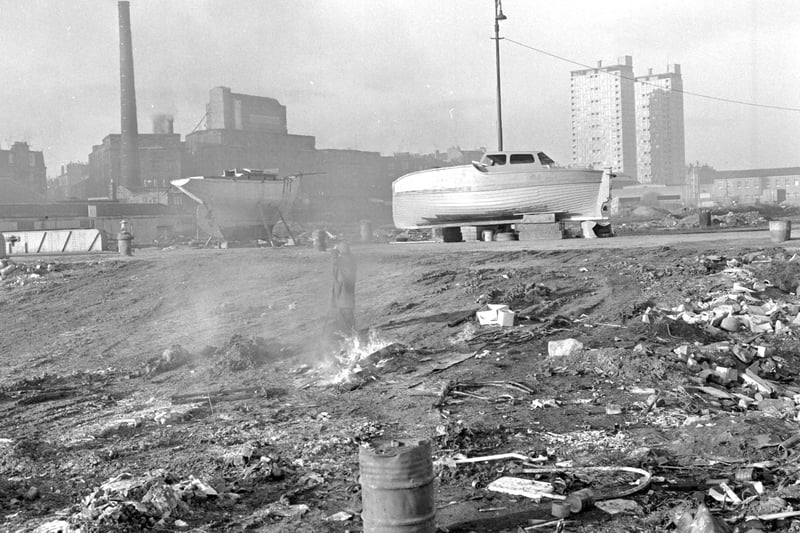 Reclaiming ground at the old east and west dock at Leith in Edinburgh in February 1970.