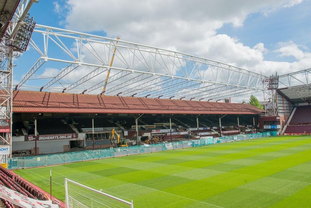 Demolition work continues at Tynecastle Park stadium in 2017 as the skeleton of the new main stand towers above the old main stand built in 1914, designed by the renowned stadium architect Archibald Leitch.