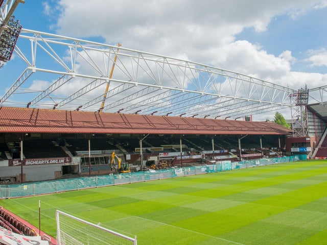 Demolition work continues at Tynecastle Park stadium in 2017 as the skeleton of the new main stand towers above the old main stand built in 1914, designed by the renowned stadium architect Archibald Leitch.