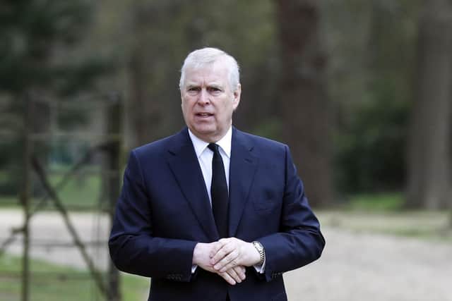 Britain's Prince Andrew attends the Sunday service at the Royal Chapel of All Saints at Royal Lodge, Windsor, following the announcement of Prince Philip's death.