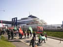 Protesters leave the P&O site at the Port of Hull, East Yorkshire, after P&O Ferries suspended sailings and handed 800 seafarers immediate severance notices. Picture date: Friday March 18, 2022.