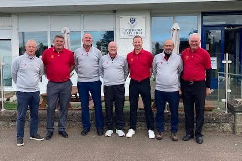 Team captain Joe McManus is flanked, from left, by Wilson Morton, David Campbell, Steven Armstrong, , Ricky Moffat, Ollie McCrone and Duncan Low. Picture: Lothians Golf Association
