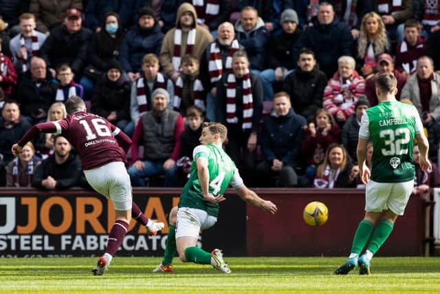 Andy Halliday scores to make it 3-1 during Saturday's cinch Premiership match at Tynecastle