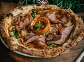 Franco Manca's roast beef Xmas pizza with a Yorkie in the middle