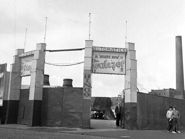 The gate to Fun City, slot machine arcade and amusement park on Portobello promenade, September 1974. Portobello power station can be seen to the left of picture.