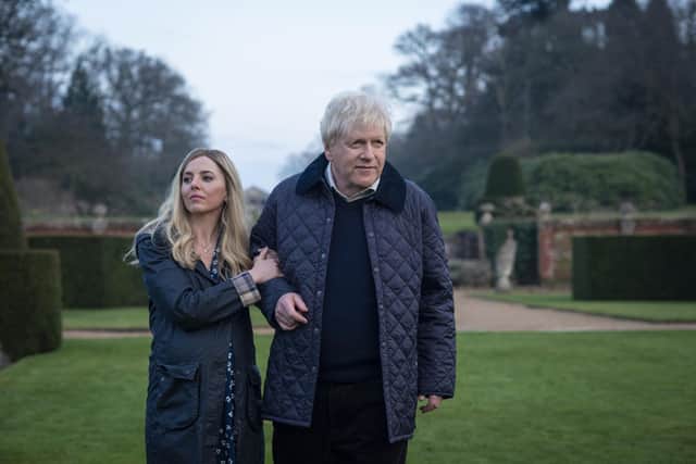 Ophelia Lovibond as Carrie and Kenneth Branagh as Prime Minister Boris Johnson. Picture: PA Photo/©Sky UK Ltd/Phil Fisk
