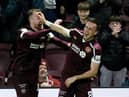 Aaron McEneff and Andy Halliday celebrate the Irishman's goal for Hearts against St Mirren.