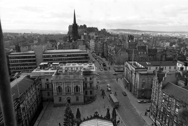 A bird's eye view of the Royal Mile and Edinburgh Castle from the top of St Giles cathedral in Edinburgh, December 1979.