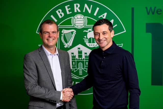Hibs manager Jack Ross (right) is unveiled alongside Sporting Director Graeme Mathie last November. Photo by Craig Williamson / SNS Group