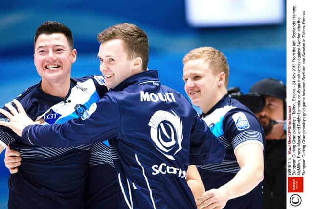 Mandatory Credit: Photo by Raul Mee/AP/Shutterstock (9991517m)
Mouat with Hammy McMillan and Bobby Lammie celebrate Scotland's victory over Sweden to win gold at the 2018 European Championships.