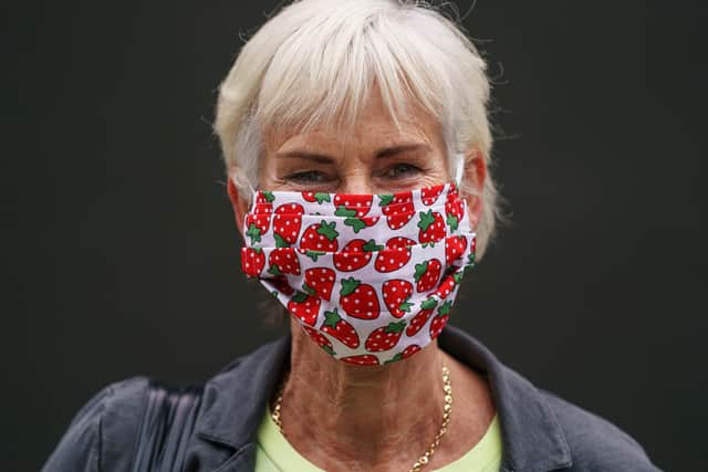 Judy Murray wears a strawberry face mask at Wimbledon 2021. (Photo: Jon Super - Pool/Getty Images)