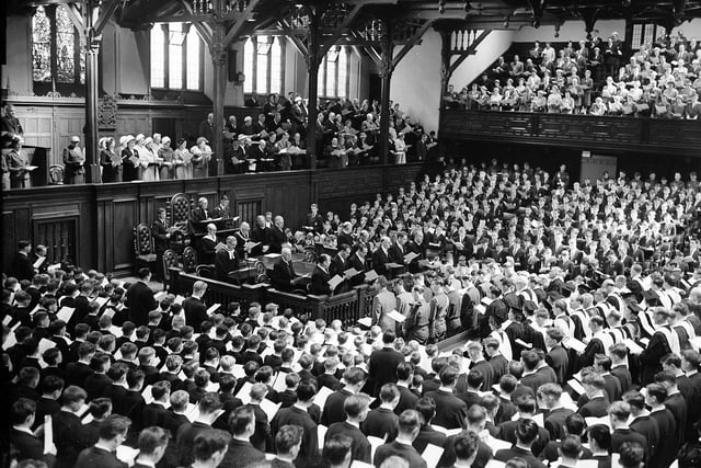 A service in the Assembly Hall on the Mound to celebrate the George Heriot's School Tercentenary in June 1959.