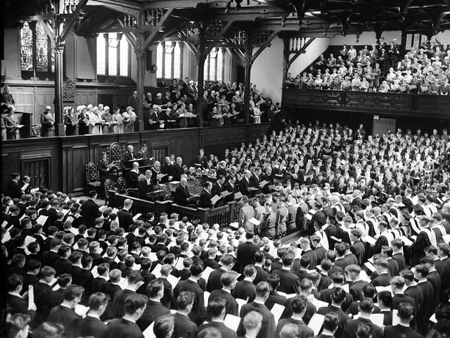 A service in the Assembly Hall on the Mound to celebrate the George Heriot's School Tercentenary in June 1959.