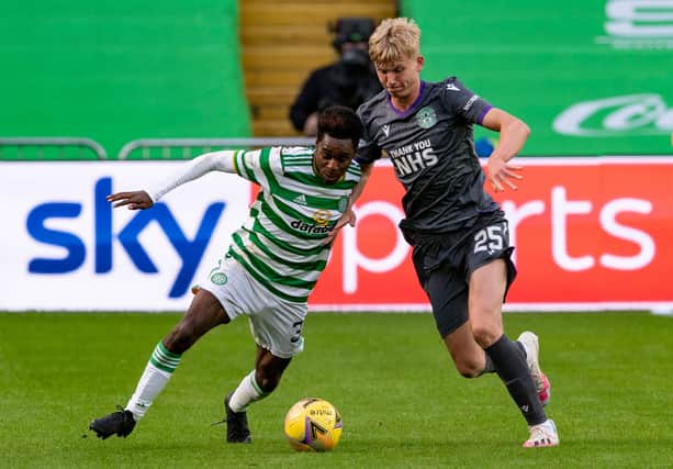 Celtic's Jeremie Frimpong (left) holds off Josh Doig during the 3-0 defeat at Parkhead on Sunday (Photo by Alan Harvey / SNS Group)