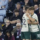 Rudi Molotnikov, right, replaces Josh Campbell during the latter stages of Hibs' 3-0 defeat by Aston Villa at Villa Park. Picture: Craig Foy / SNS Group