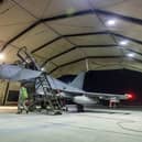 An RAF Typhoon aircraft returns to RAF Akrotiri in Cyprus after joining the US-led coalition conducting air strikes against military targets in Yemen