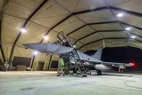 An RAF Typhoon aircraft returns to RAF Akrotiri in Cyprus after joining the US-led coalition conducting air strikes against military targets in Yemen