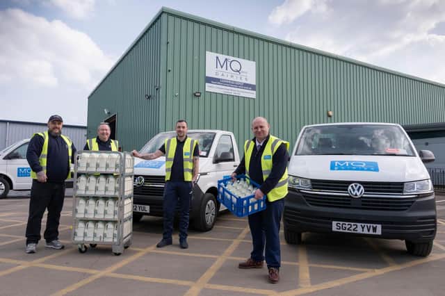 McQueens Dairies staff (LtoR) David Murrie, Mark Broghan, Kevin Robertson, Barry Carty, at the new depot in Loanhead.