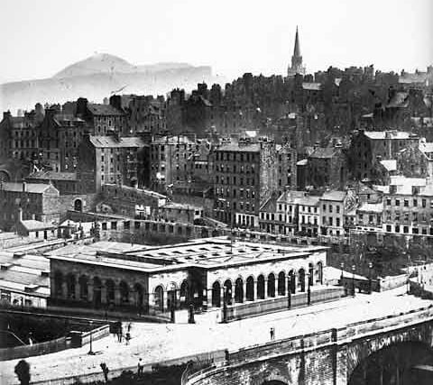 View looking southeast towards Waverley Station and North Bridge from the Scott Monument.