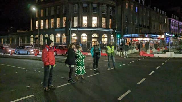 Edinburgh campaigners and Councillor Susan Rae form a human shield at the Leith Walk to London Road junction